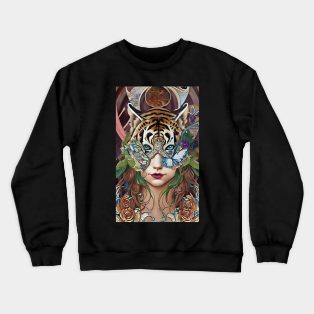 Stunning imaginative and Magical girl with mask of Tiger Crewneck Sweatshirt by ZiolaRosa